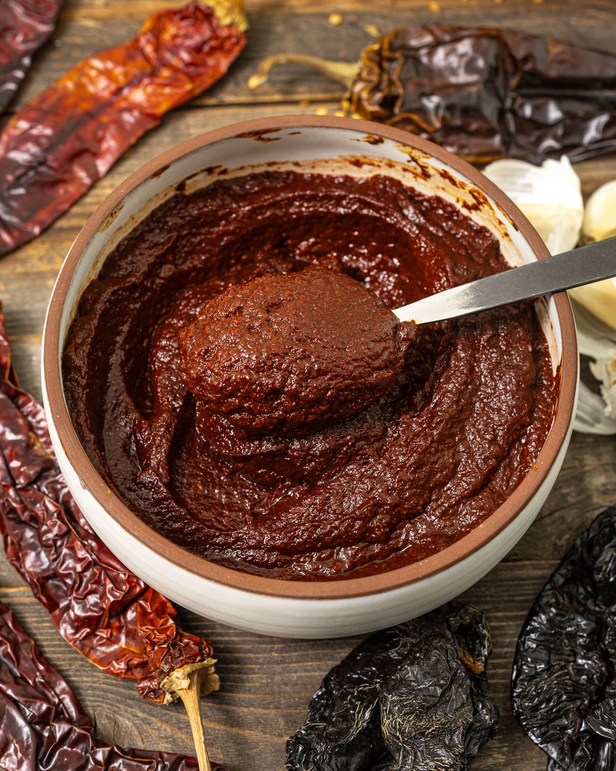 Close-up of a spoonful of homemade adobo sauce showing its thick, smooth texture.