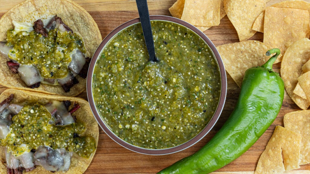 Hatch chile salsa verde is a roasted salsa pairing with chips or tacos.