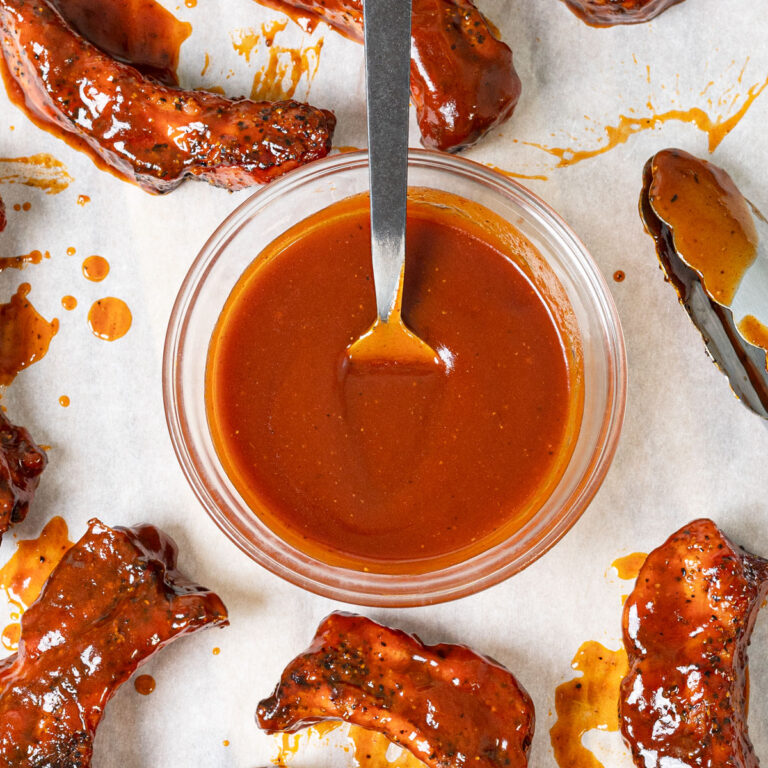 Featuring spicy buffalo bbq sauce in a bowl with a spoon