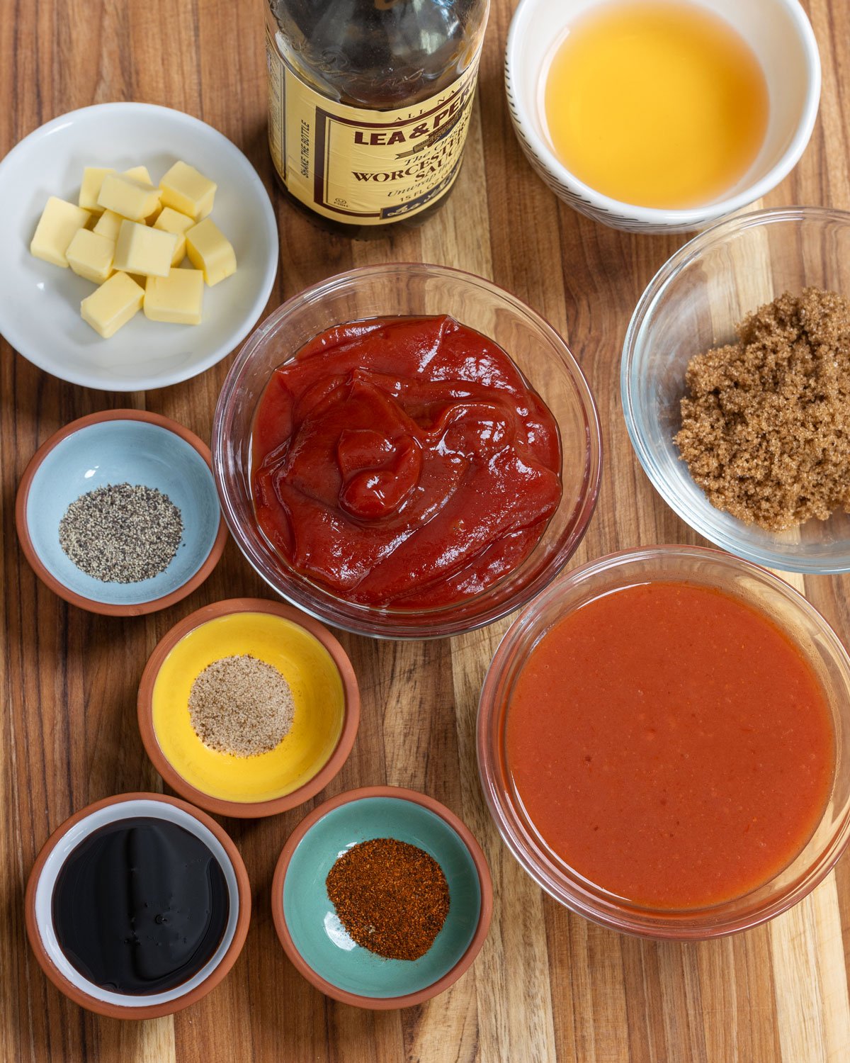 Ingredients for buffalo bbq sauce set out on a cutting board