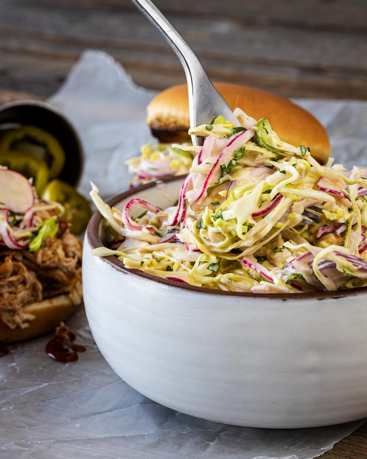 Grabbing a bite of this creamy slaw