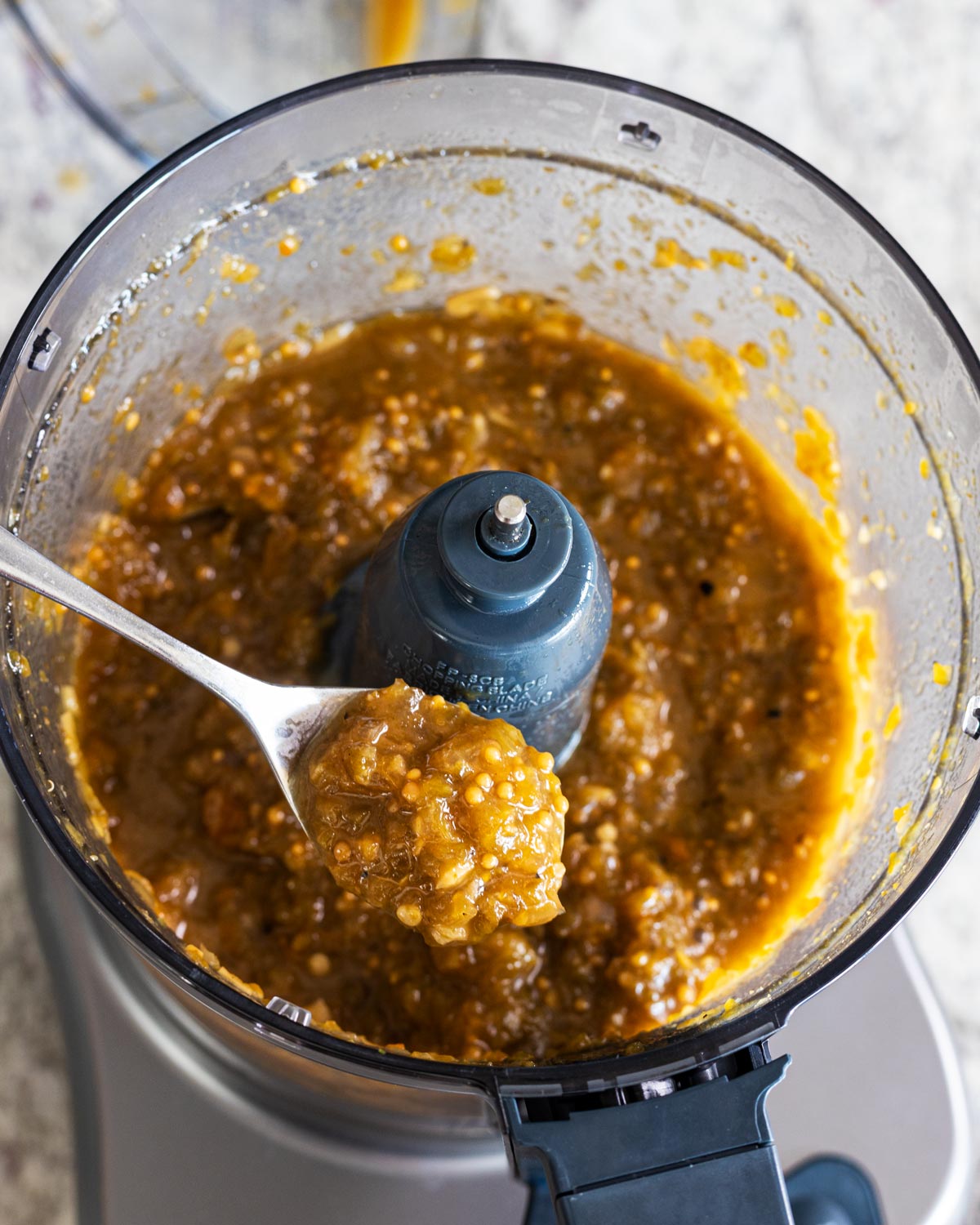 Use a food processor to get a nice coarse thickness for the Hatch chile jam