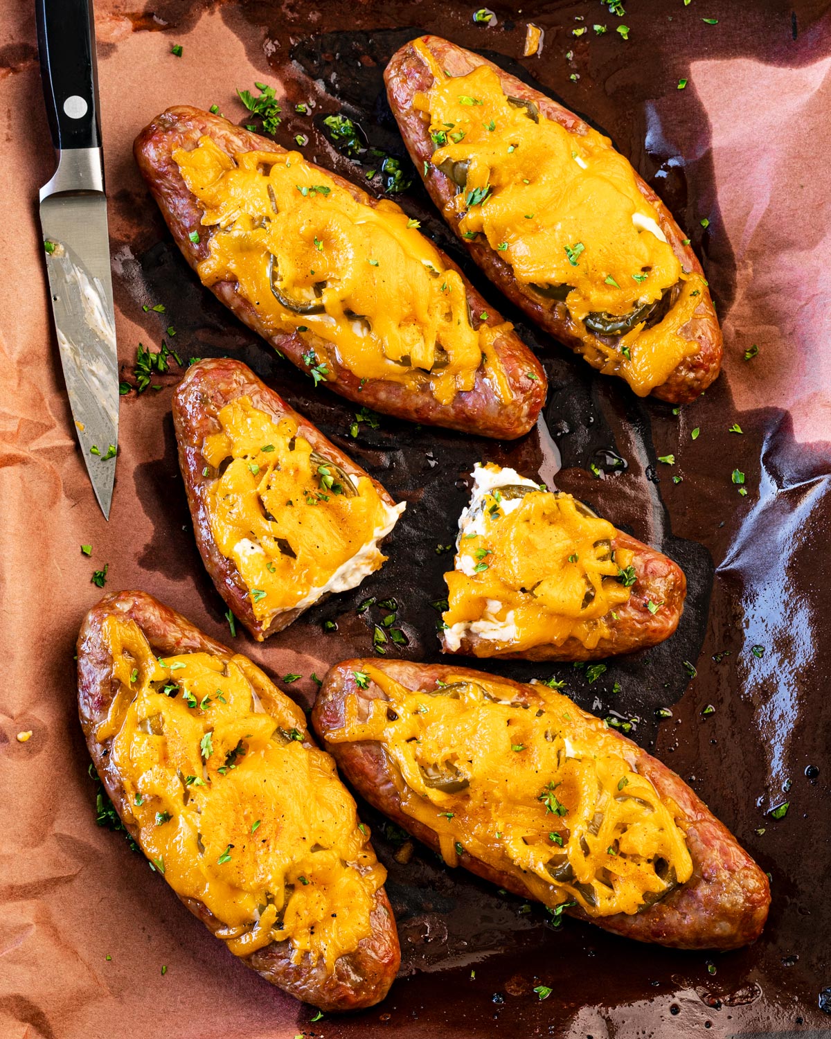 Smoked sausages stuffed with melty cheeses and jalapenos