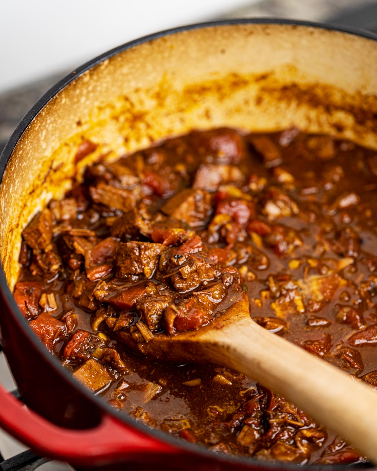 After simmering for a few hours, the brisket chili thickens up quite a bit.