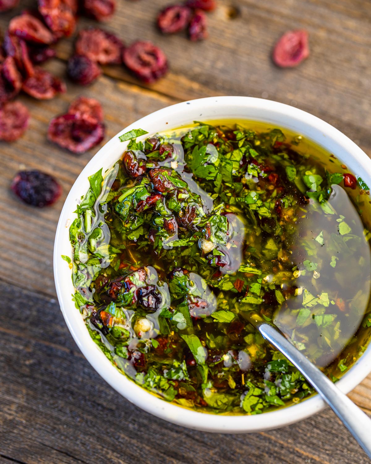 Freshly chopped cranberry chimichurri lasts for weeks in the fridge.