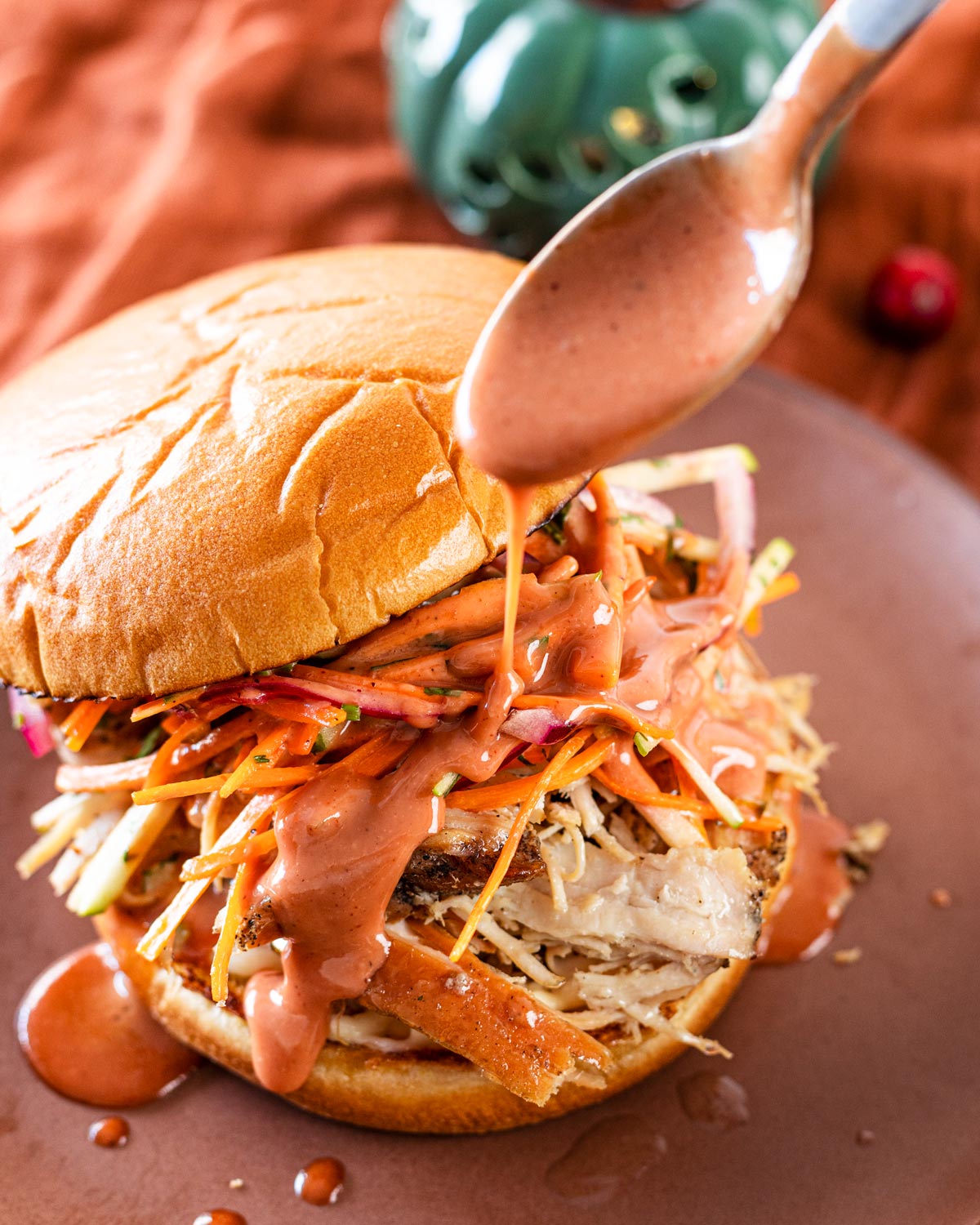 Tangy cranberry honey mustard tastes amazing on pulled turkey sandwiches.