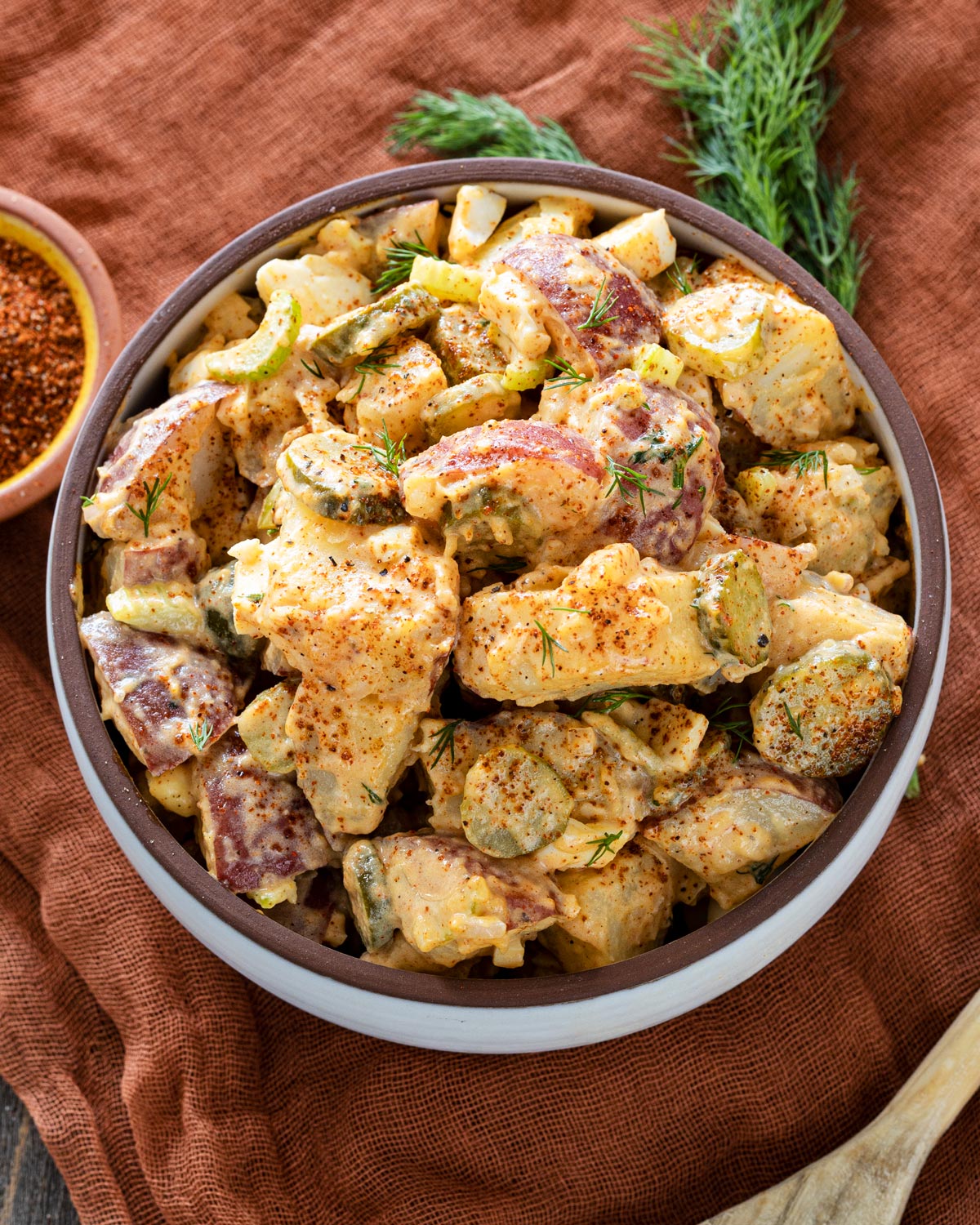 This spicy potato salad is flavored with the Nashville hot seasoning mix.