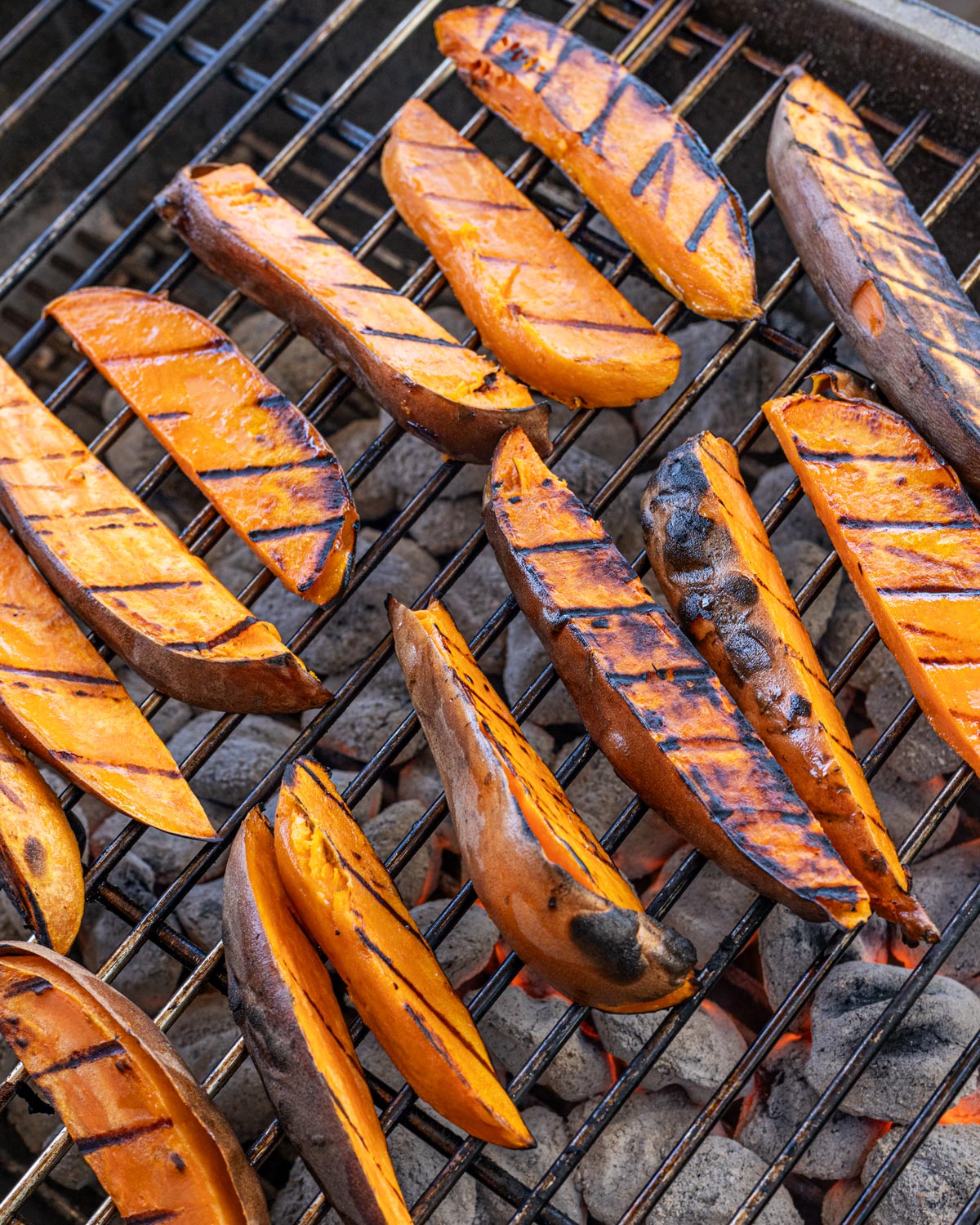 Make sure the sweet potato wedges have nice char marks while grilling.