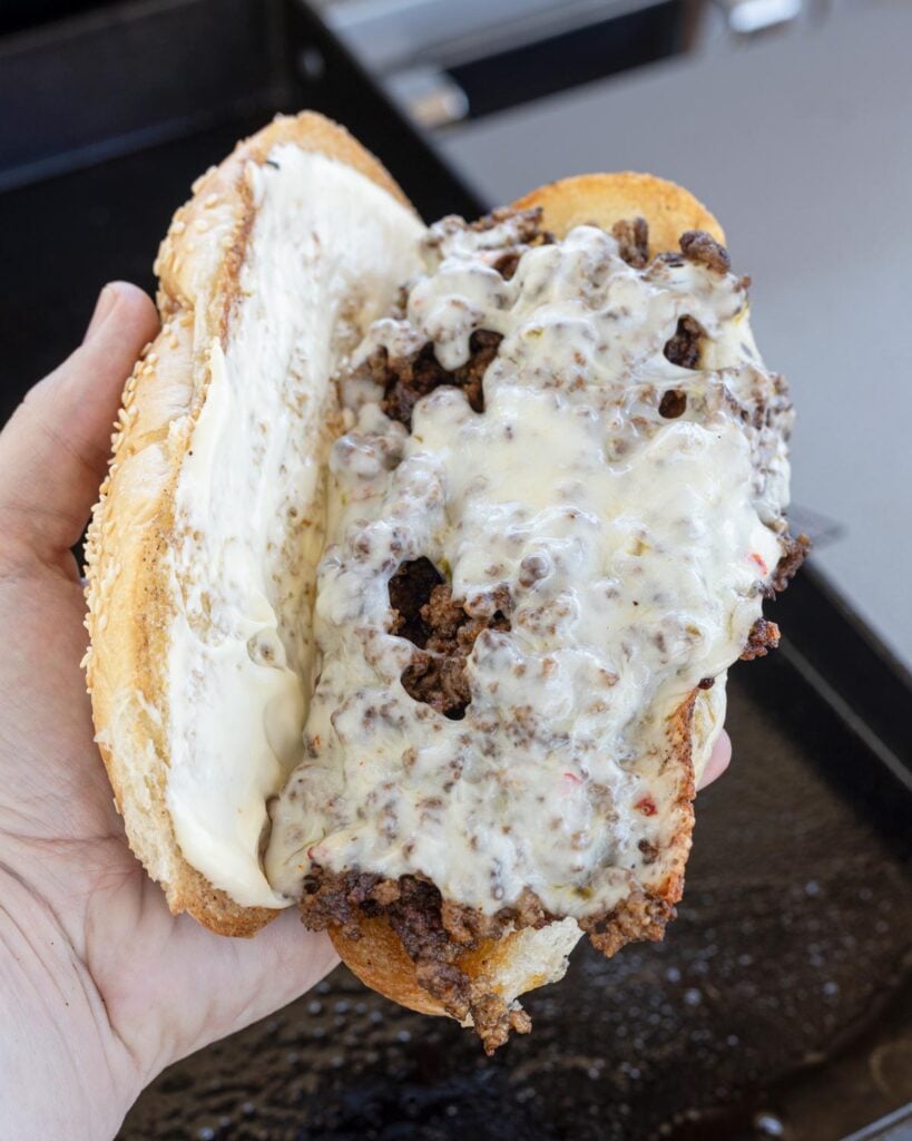 Slide the spicy beef and cheese into your new Mexican chopped cheese sandwich.