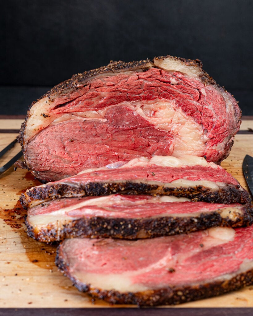 This smoked prime rib was cooked to a rare temperature.