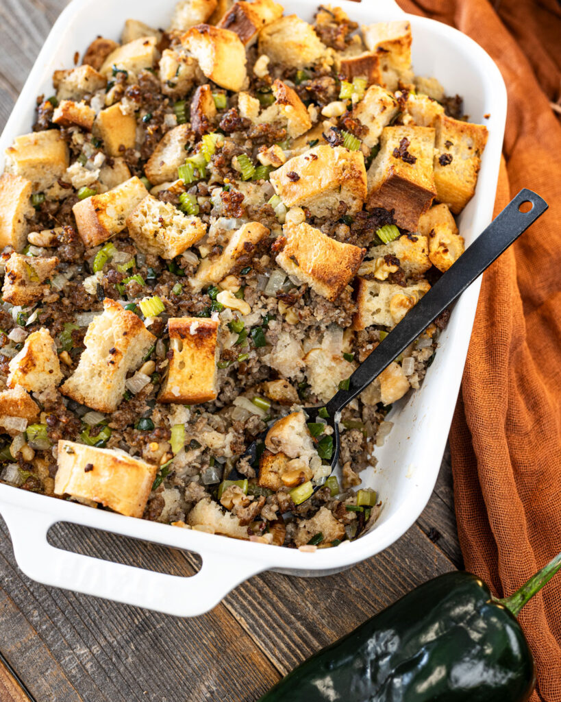 You can use the oven or smoker to prepare this sausage stuffing.