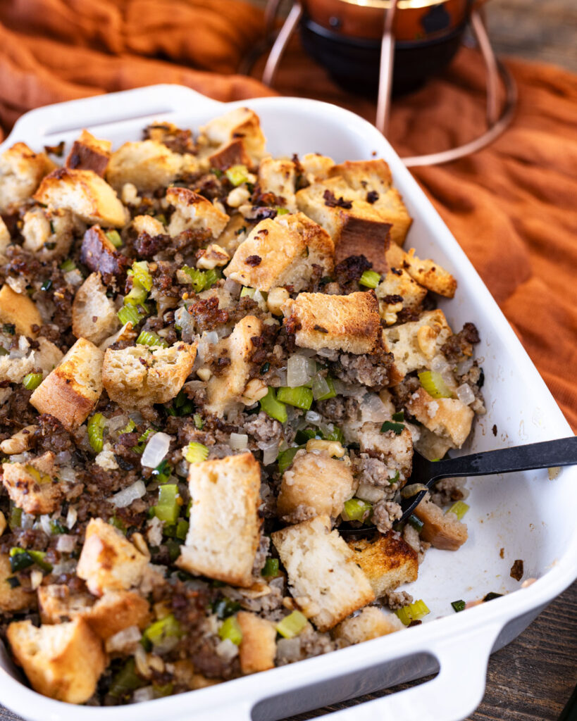 This poblano sausage stuffing has sage, walnuts, and sweet onions.