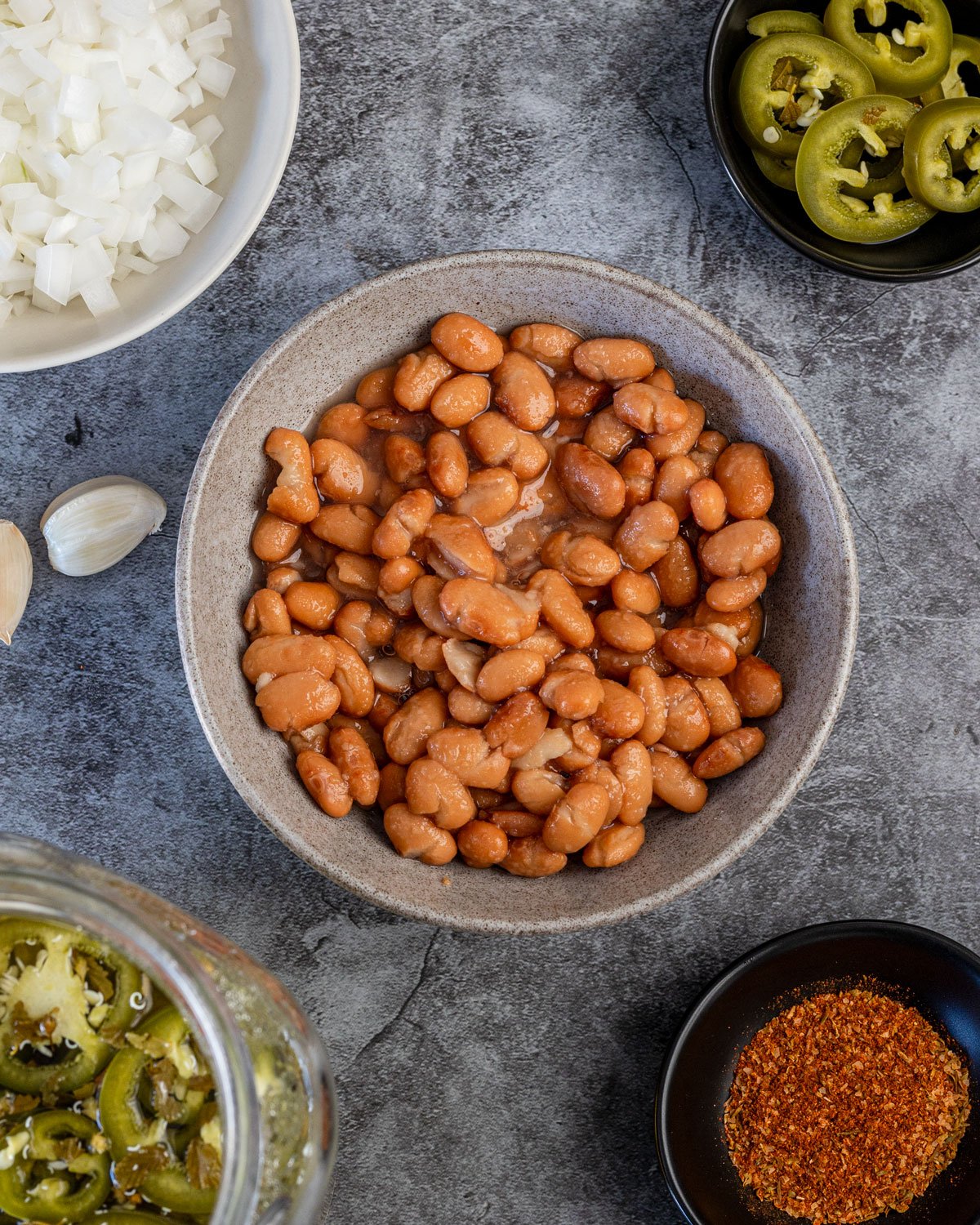 Ingredients for the creamy pinto bean dip.
