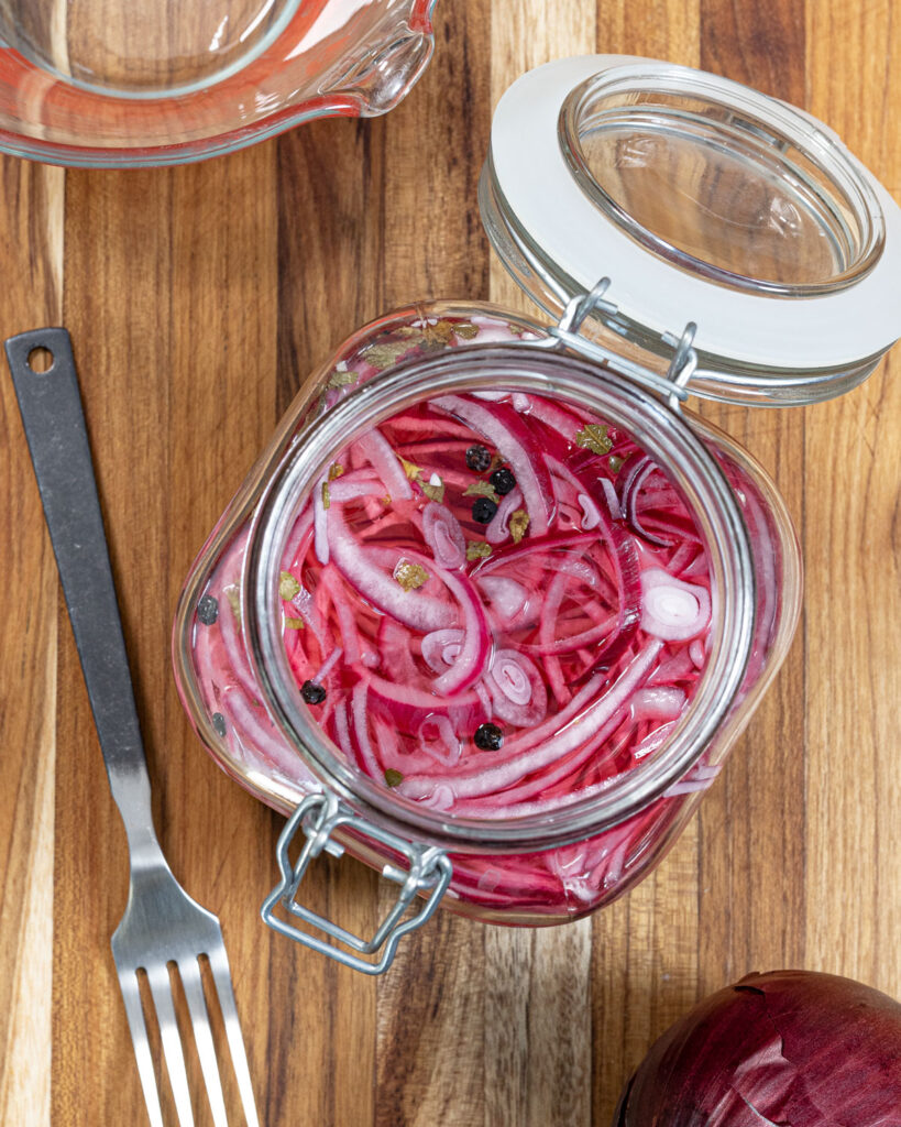 These pickled red onions take a few minutes to prepare using a warm brine.