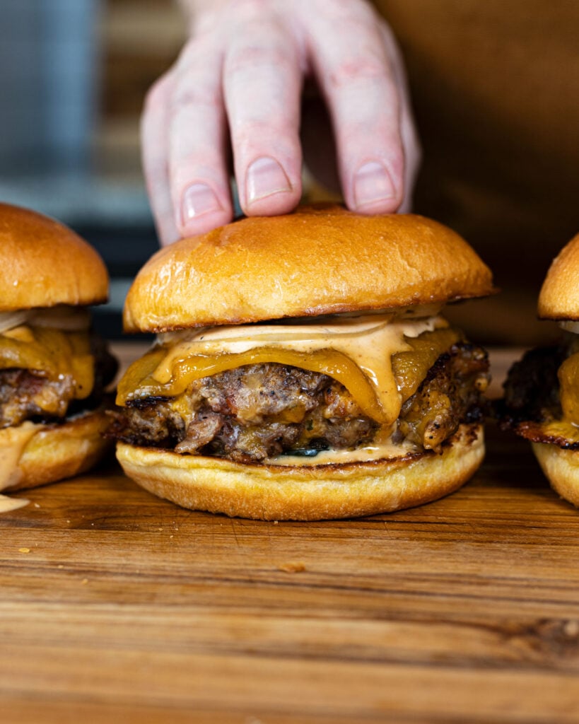 Creamy BBQ ranch and onions are on this crispy Crack Burger.
