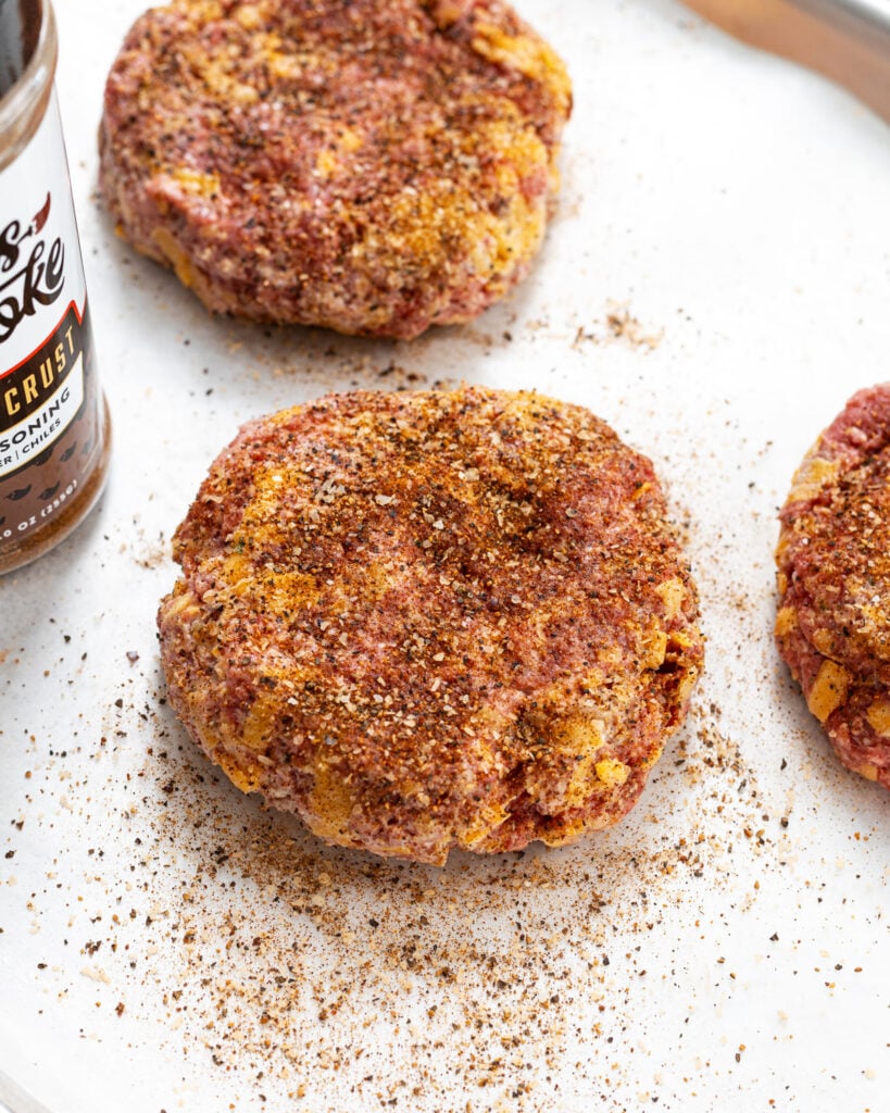 Season the cheeseburgers with Canyon Crust Beef Seasoning.
