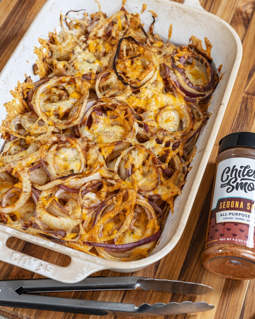 This spicy Viadlia onion casserole is the best BBQ side dish.