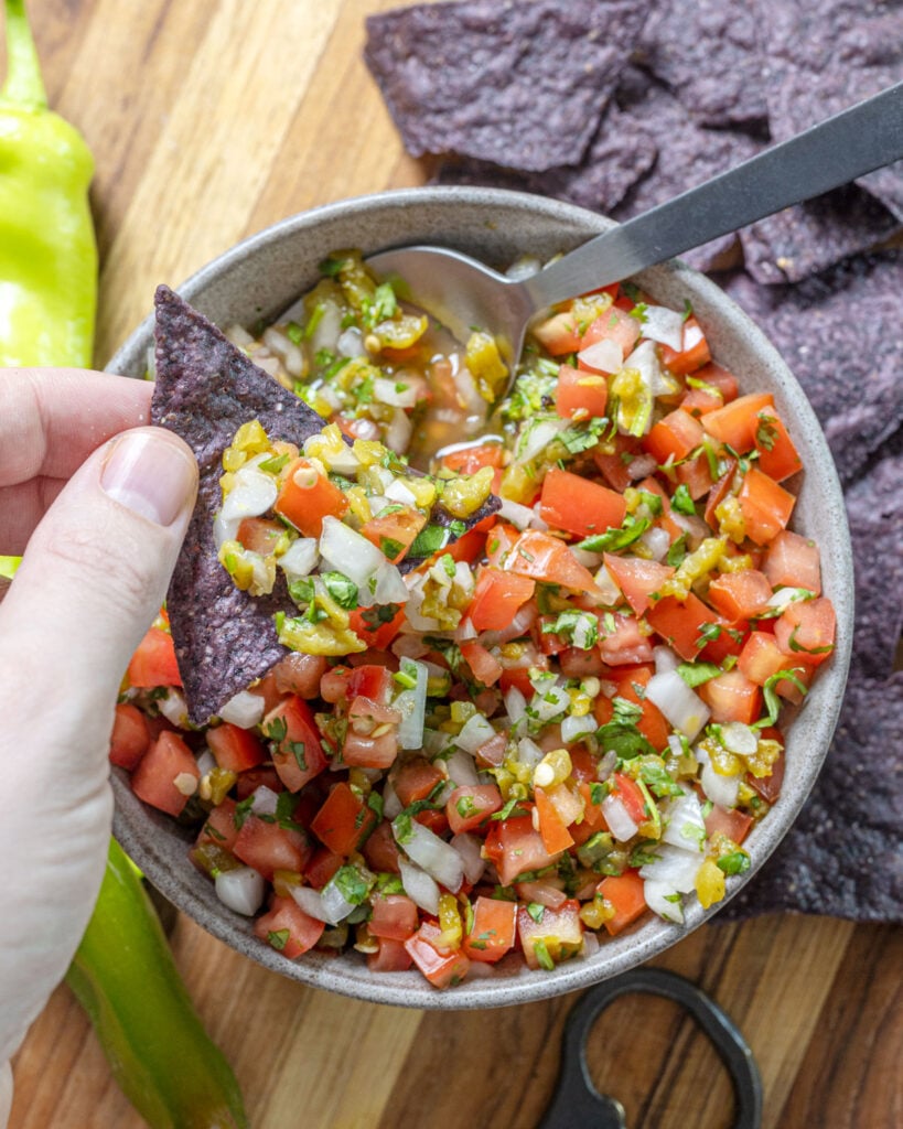 This Hatch green chile salsa tastes great with blue corn chips.