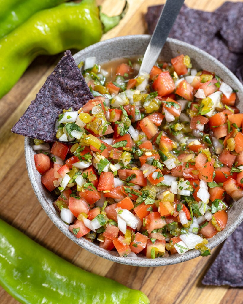 Serve this fresh Hatch chile pico de gallo with tortilla chips.