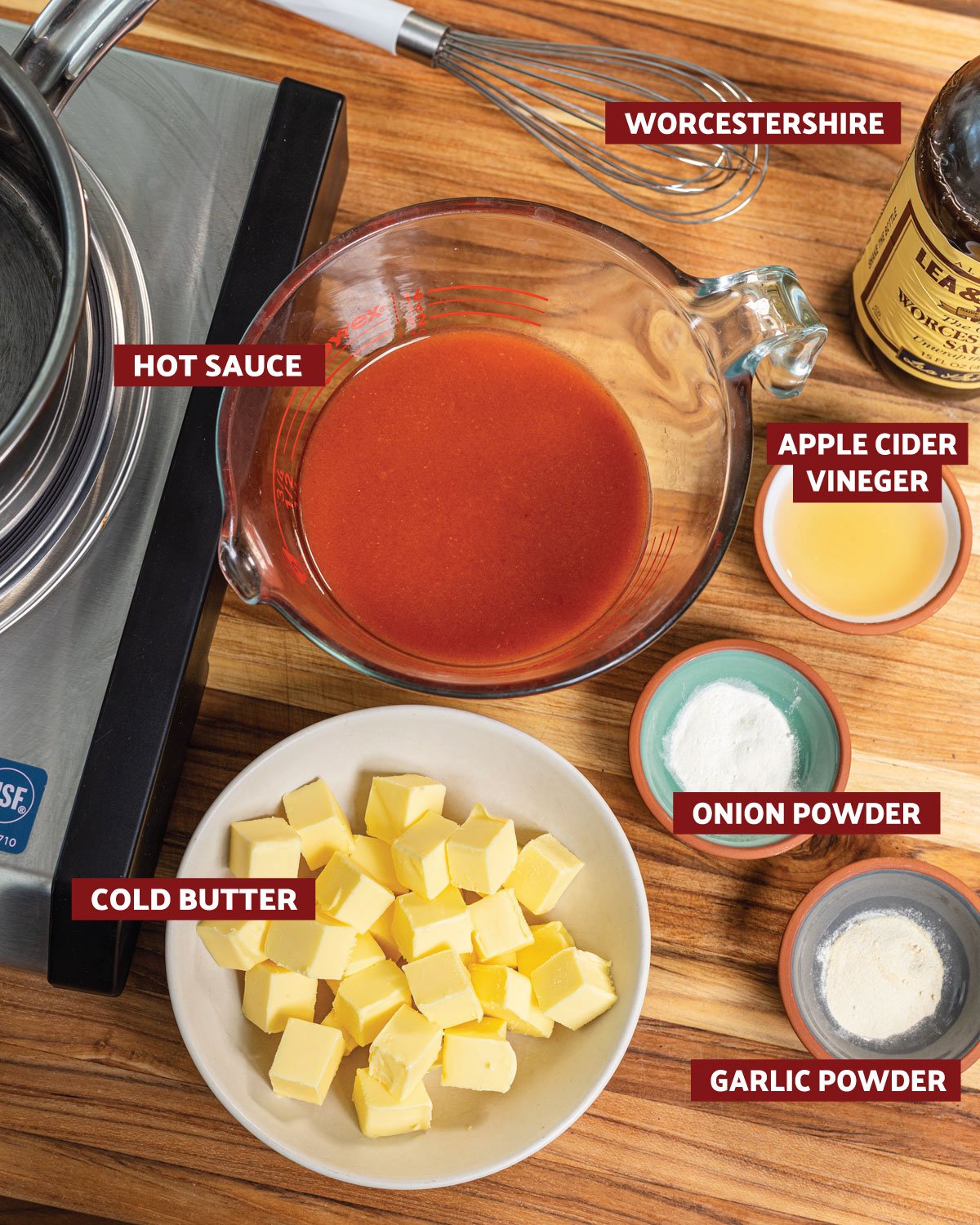 Ingredients for the buffalo sauce recipe, including cold butter cubes.