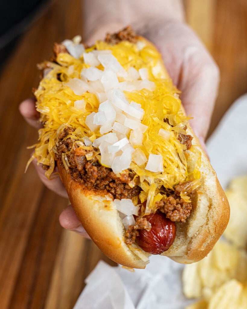 Loaded chili cheese dog with onions