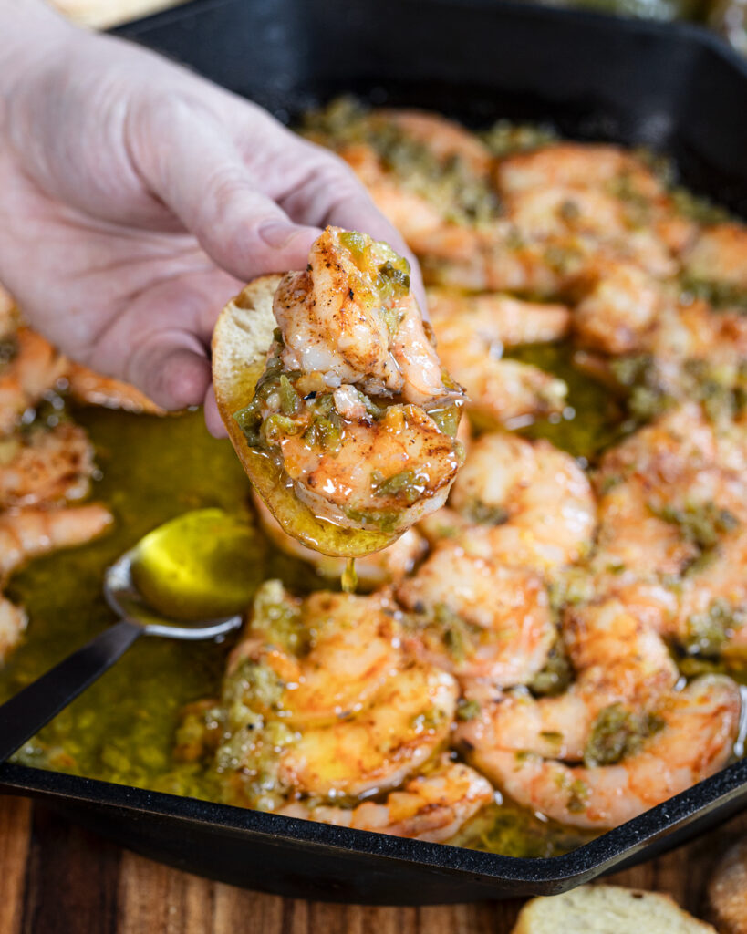 Use crusty bread to dip into the chile garlic butter and smoked shrimp.