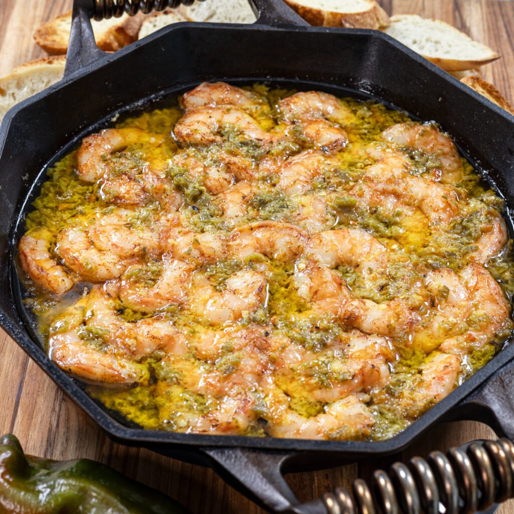 Featuring Hatch chile smoke shrimp, served with crusty bread for dipping.