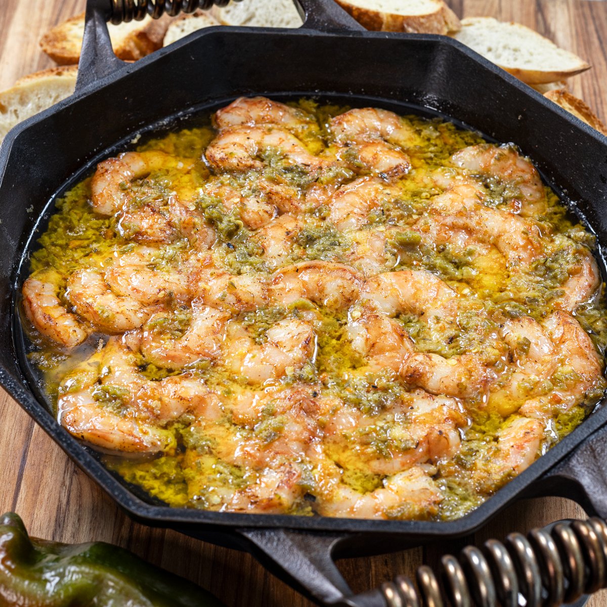 Featuring Hatch chile smoke shrimp, served with crusty bread for dipping.
