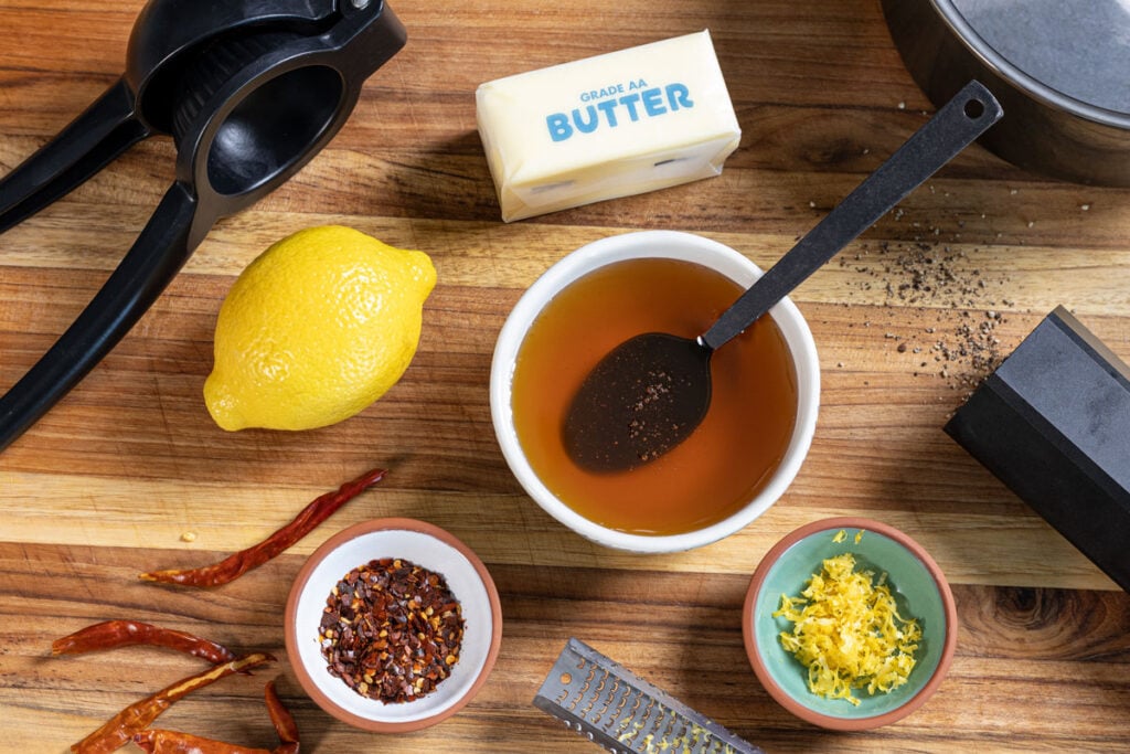 Ingredients needed for hot honey lemon pepper wings.