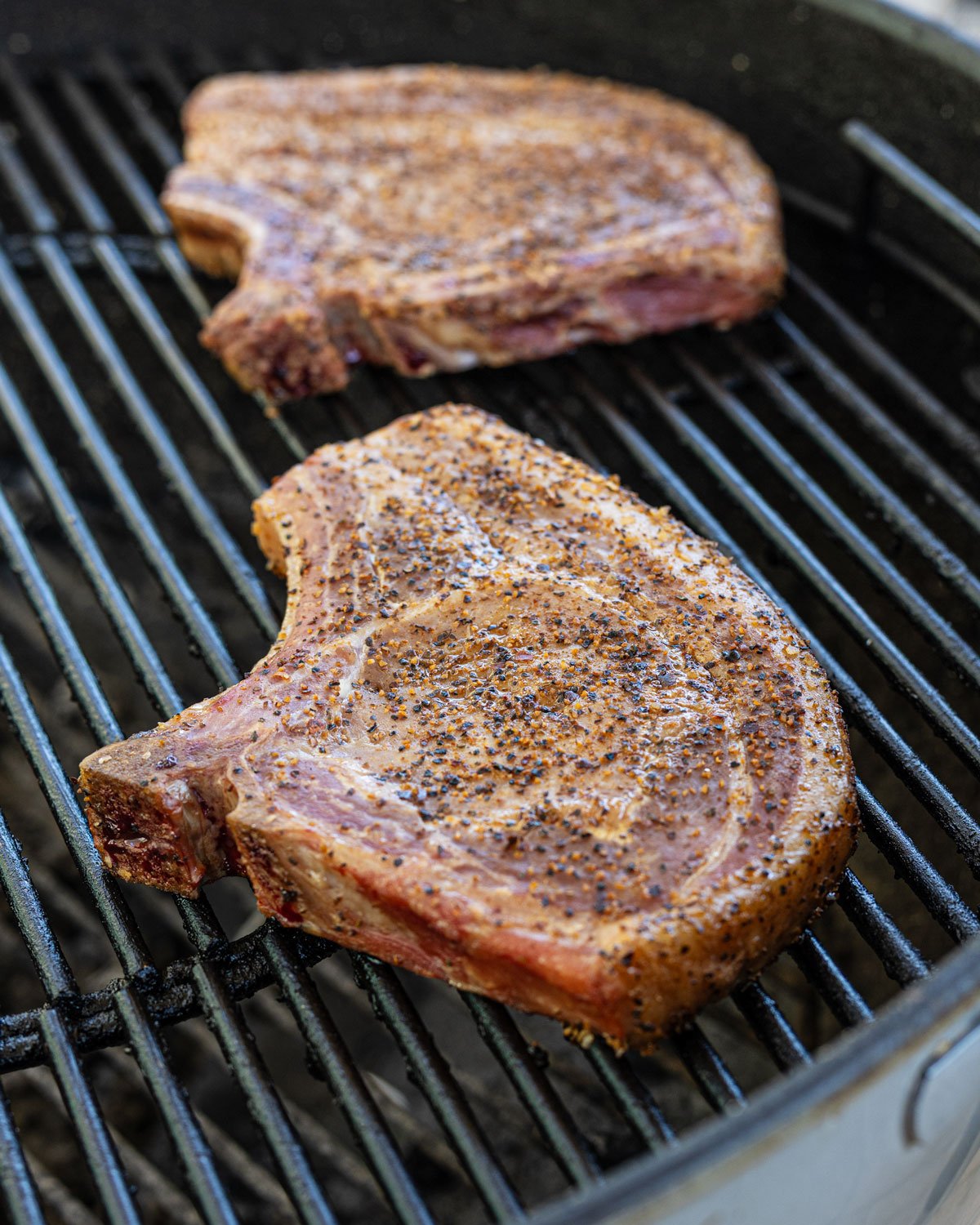 Two bone-in pork chops on the grill to smoke.